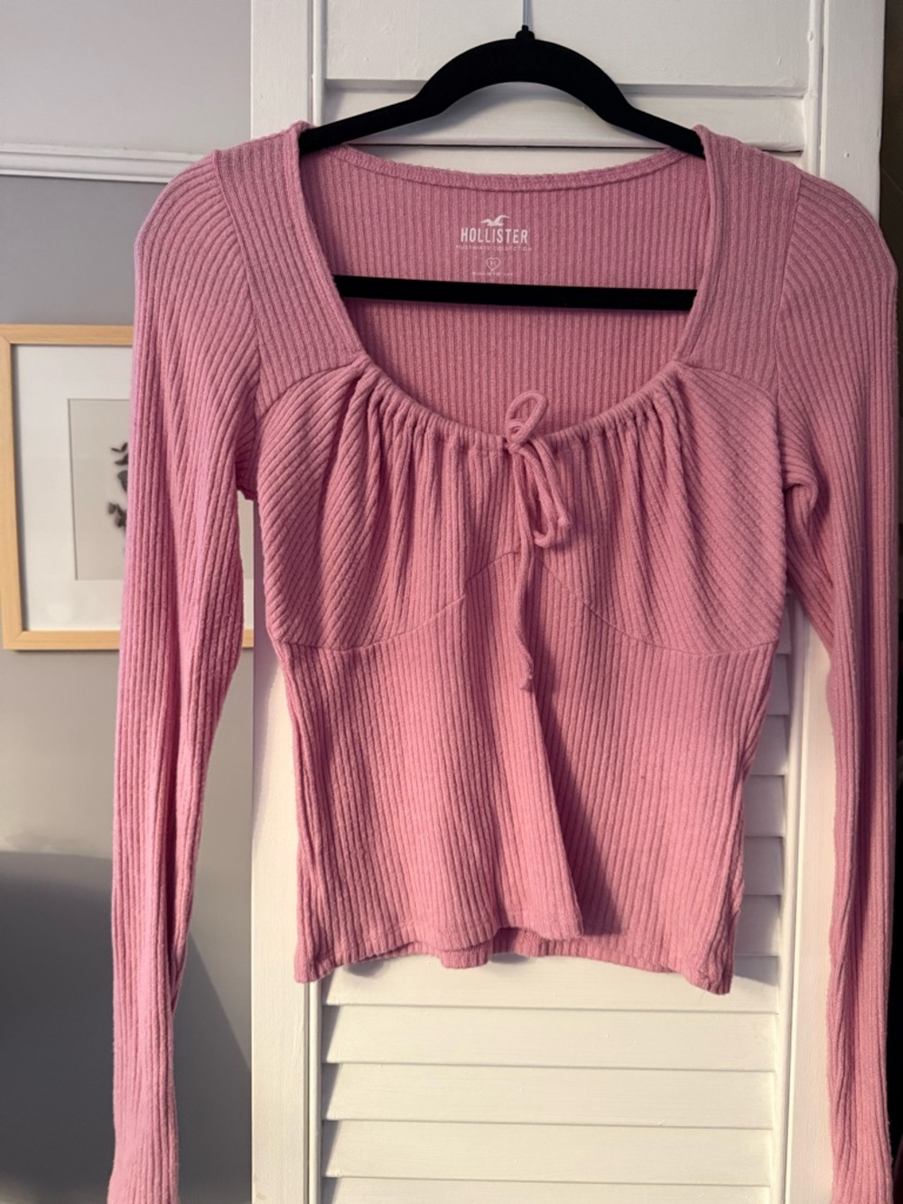 Hollister Pink Ribbed Long Sleeve Tie-Front Top